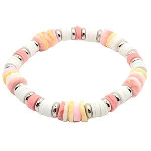 Polymer Clay Heishi and Natural Shell Stretch Bracelet - Tropical Vibes